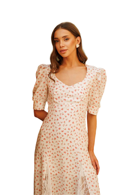 Woman wearing a floral dress on a white background