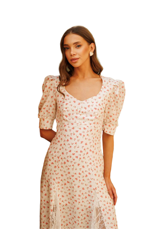 Woman wearing a floral dress on a white background