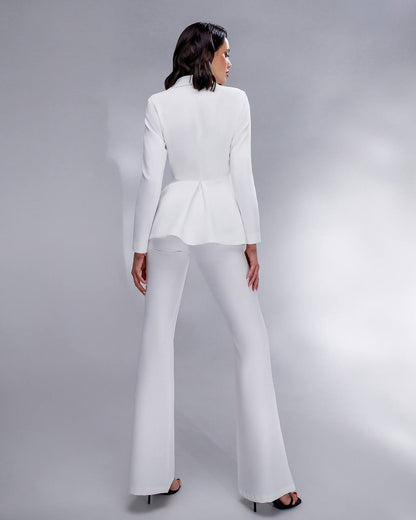 Elegant Premium Diagonal Crepe Women's Suit in White with Peplum Jacket and Flared Pants