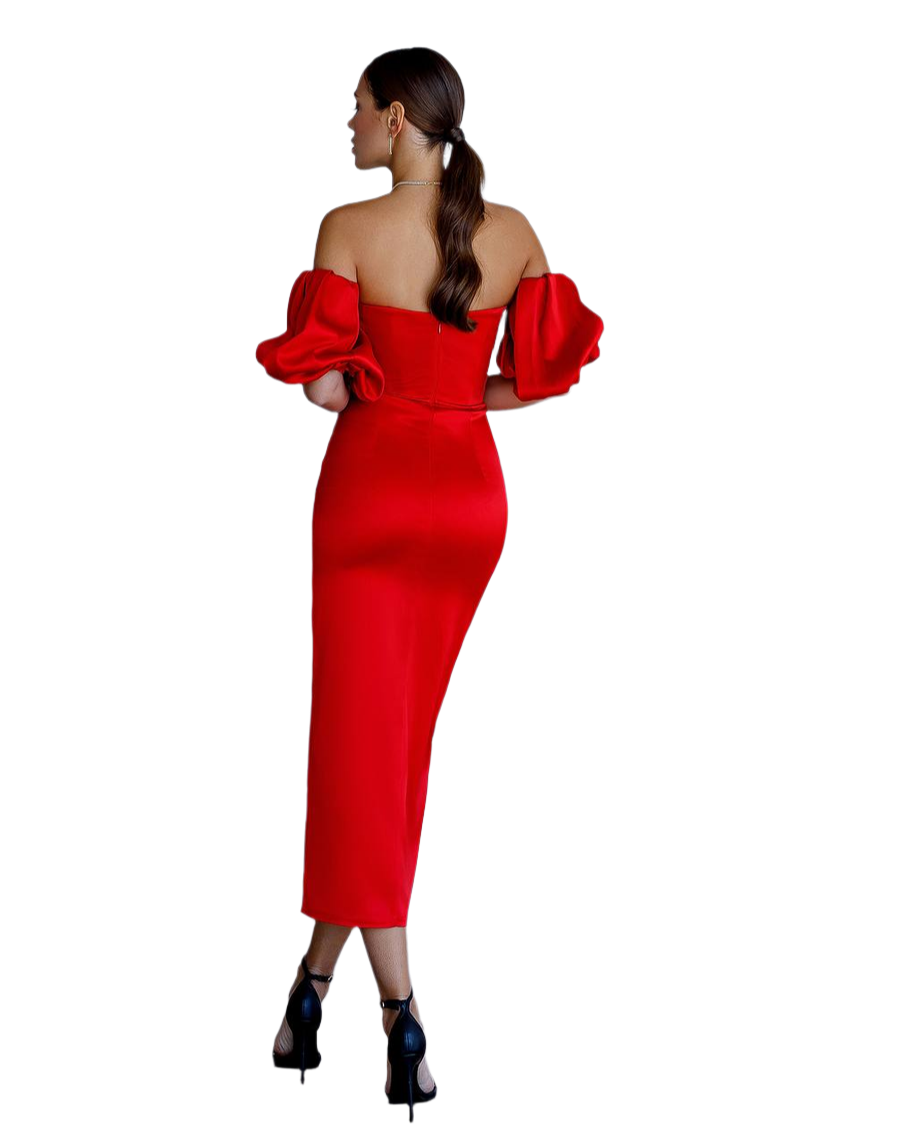 Red off-shoulder dress worn by a model on a white background