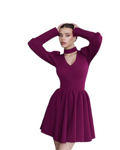 Elegant Purple Mini Dress with Full Skirt and Long Sleeves