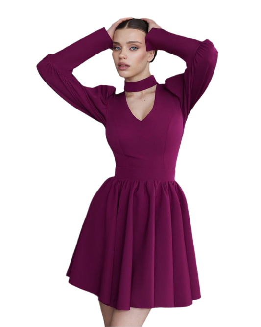 Elegant Purple Mini Dress with Full Skirt and Long Sleeves