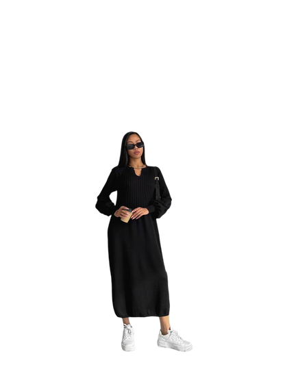 Black Knitted Ribbed Midi Dress for Women
