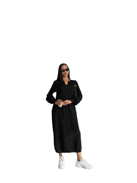 Black Knitted Ribbed Midi Dress for Women