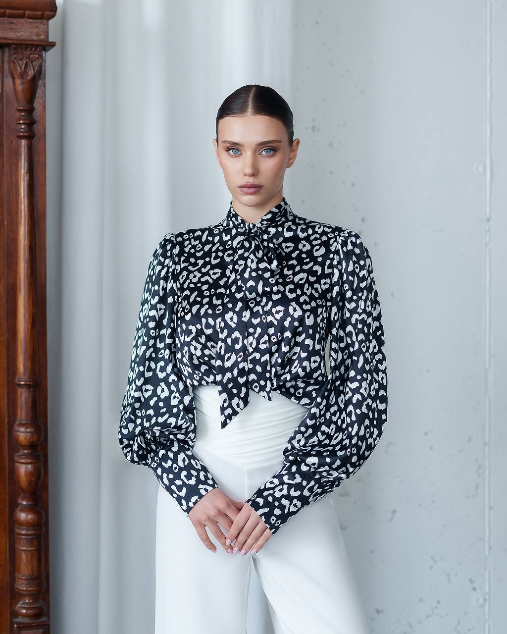 Womens Satin Printed Blouse with Tie Neck in Black White Leo