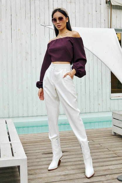 Womens Off Shoulder Cropped Top with Puff Sleeves