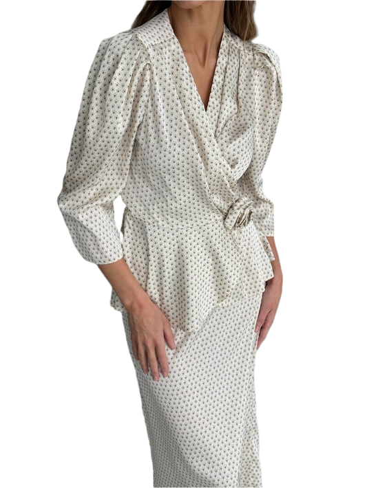 Diana Women Silk Satin Suit with Belt Elegant Patterned Skirt and Blouse