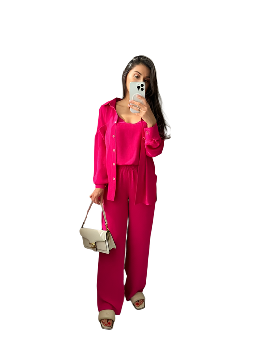 Stylish Three-Piece Casual Suit for Women in Bright Pink