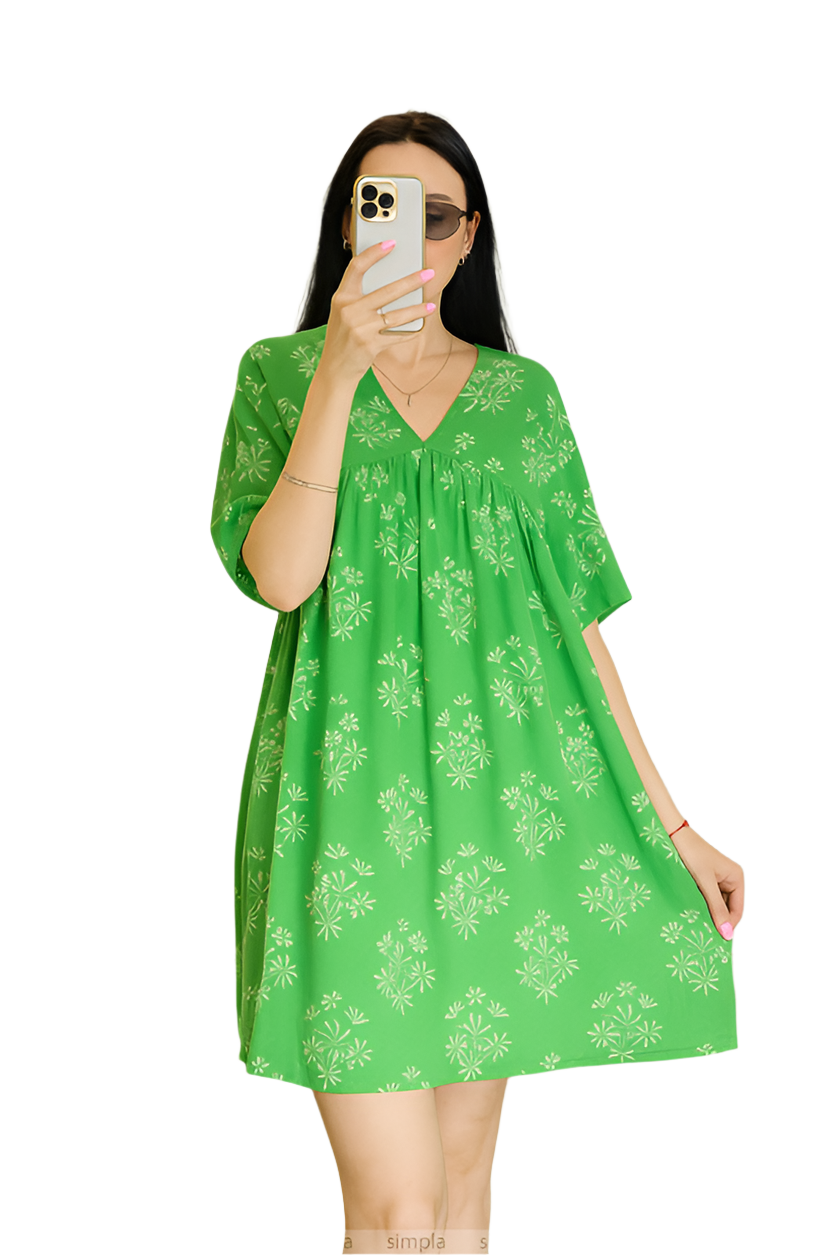 Light Green Summer Dress with Floral Print Cotton Casual Mini Dress