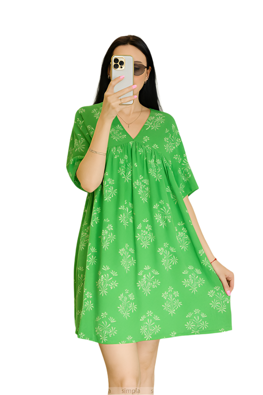 Light Green Summer Dress with Floral Print Cotton Casual Mini Dress