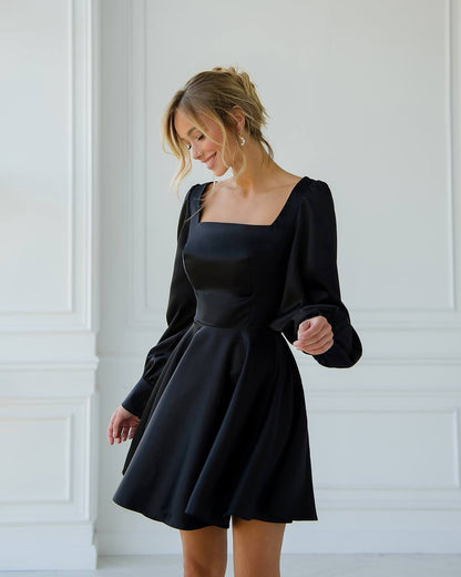 Elegant Black Satin Mini Dress for Women with Long Puff Sleeves