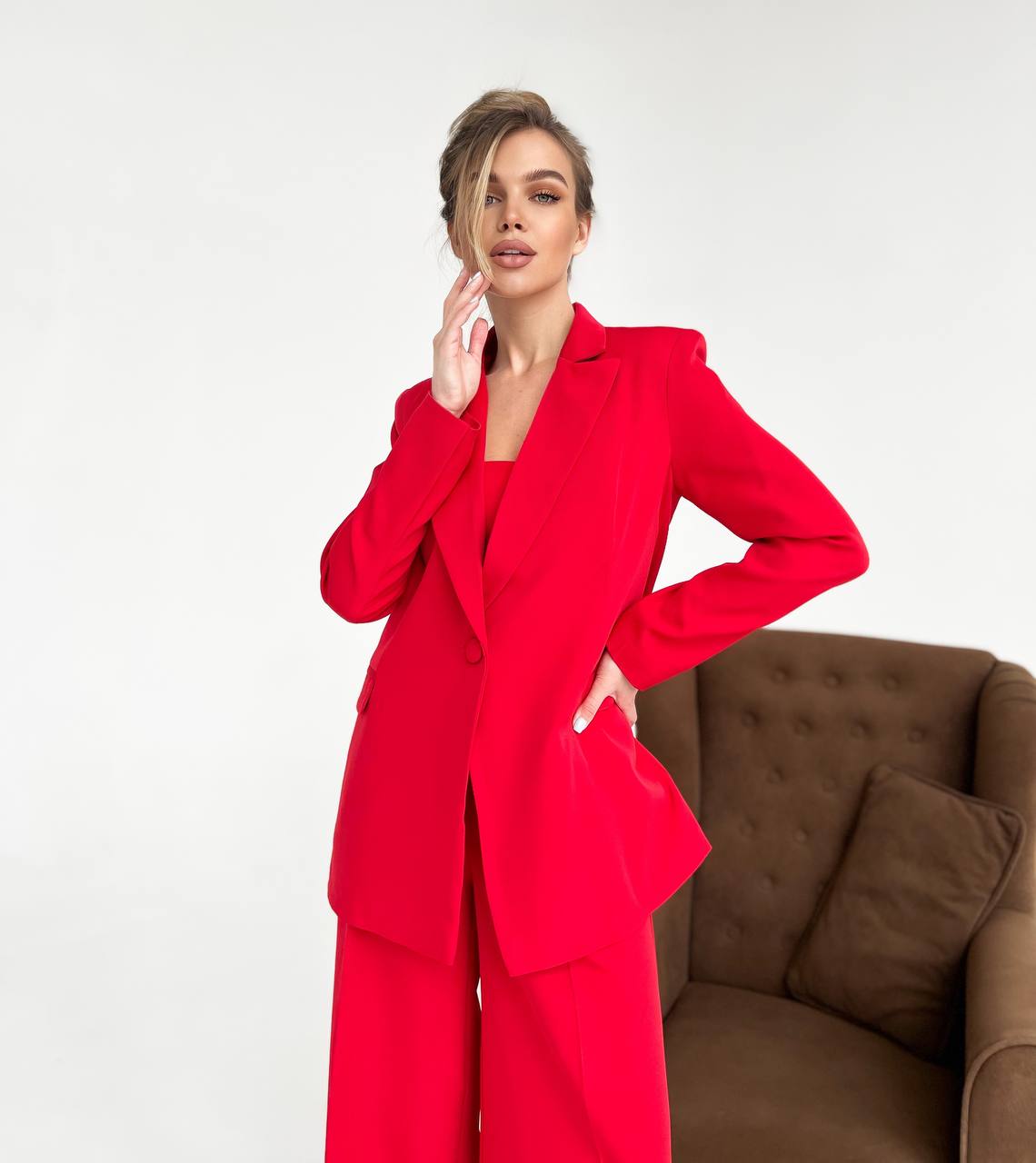 Red Diagonal Crepe Palazzo Suit Women Tailored Blazer Wide Leg Pants
