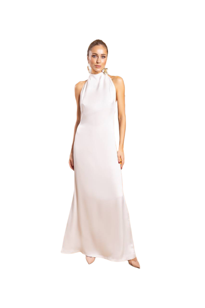 Woman wearing a white halter neck gown on a white background