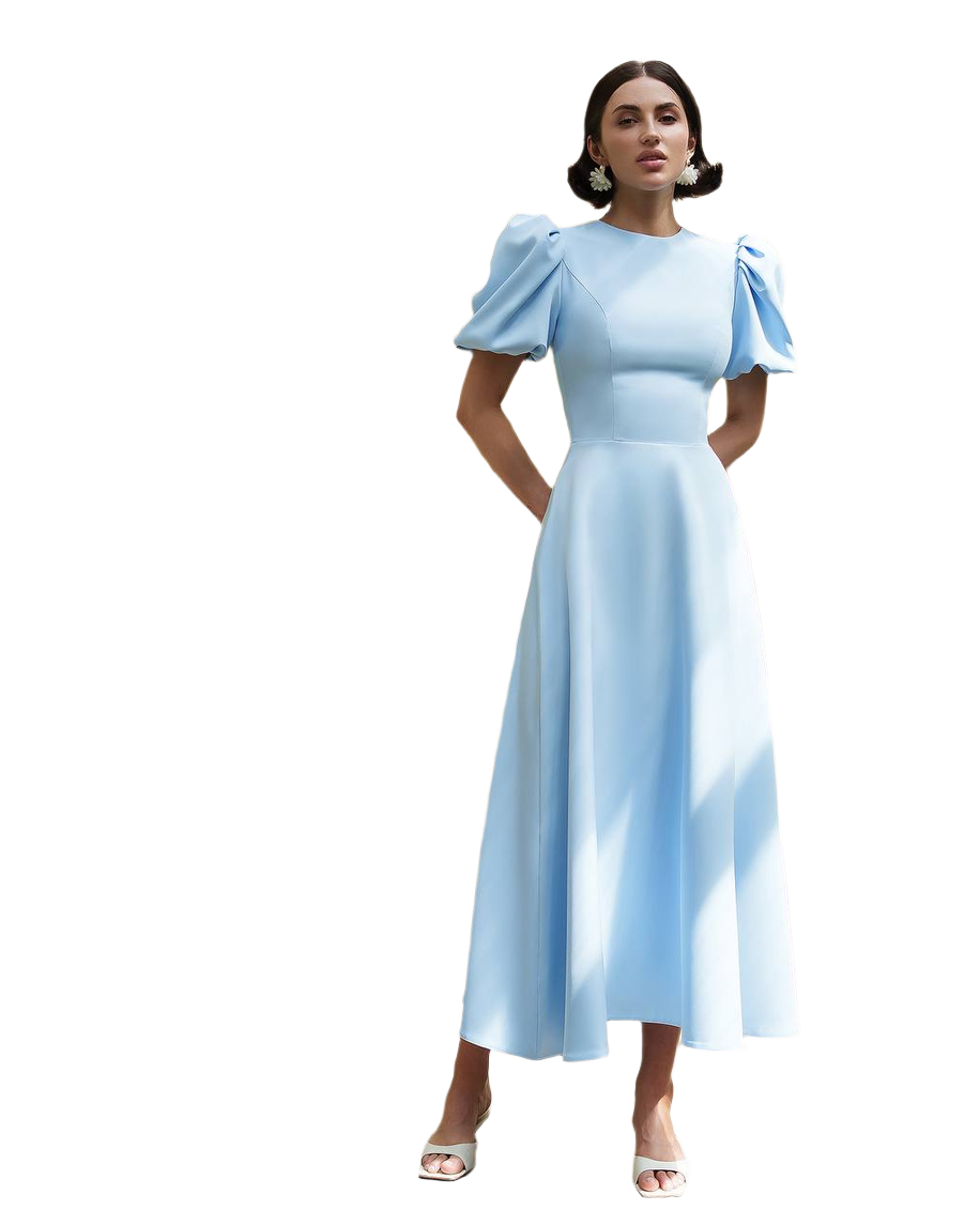 Premium Diagonal Suit Crepe Puff Sleeve Midi Dress for Women