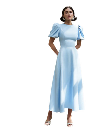 Premium Diagonal Suit Crepe Puff Sleeve Midi Dress for Women