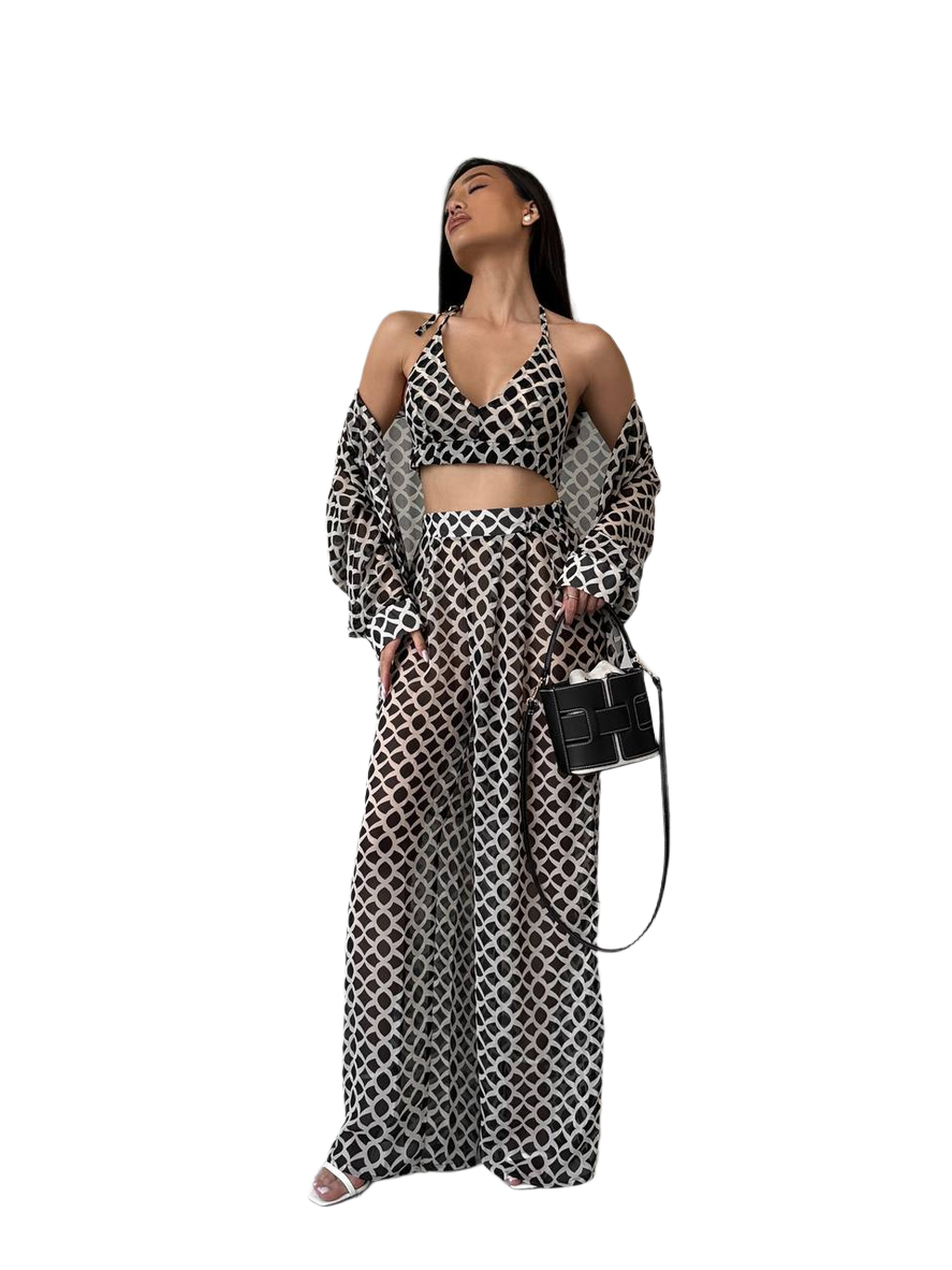 Three-Piece Women Chiffon Suit with Geometric Print