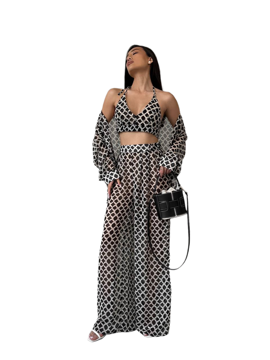 Three-Piece Women Chiffon Suit with Geometric Print