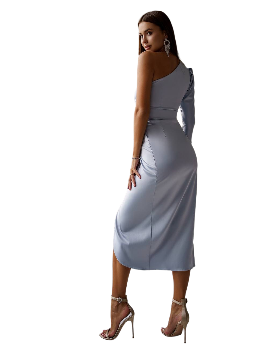 Woman wearing a light blue one-shoulder dress on a white background