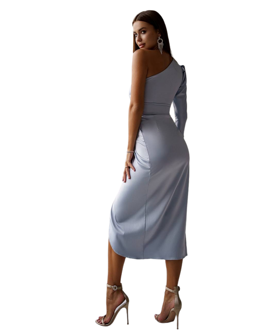 Woman wearing a light blue one-shoulder dress on a white background