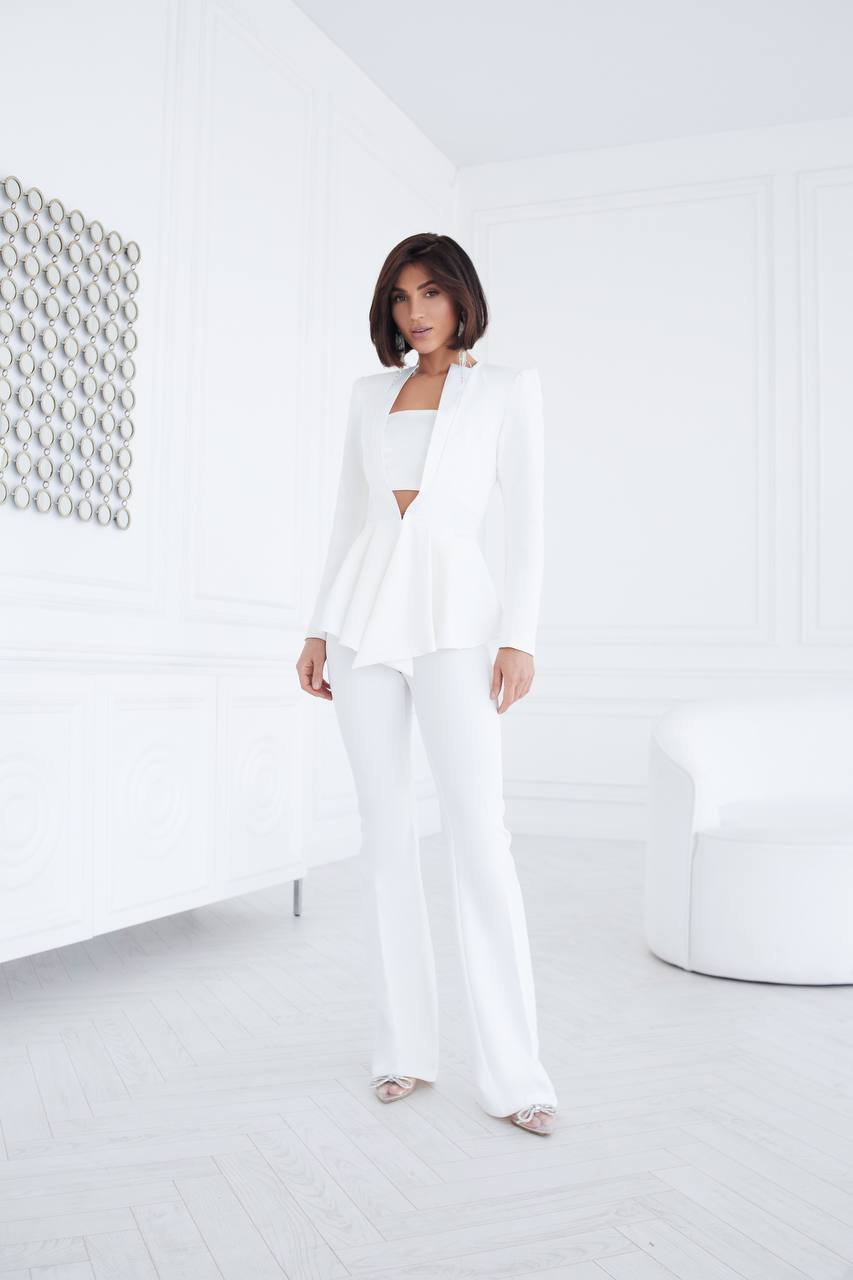 White Women Wedding Suit Bridal Elegant Cocktail Graduation Pantsuit Peplum Jacket High Waist Palazzo Pants