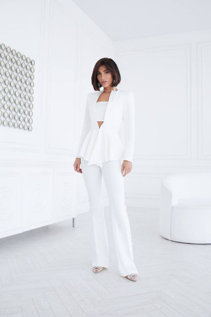 White Women Wedding Suit Bridal Elegant Cocktail Graduation Pantsuit Peplum Jacket High Waist Palazzo Pants
