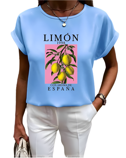 Light Blue Women's Blouse with Lemon Print Soft Fabric
