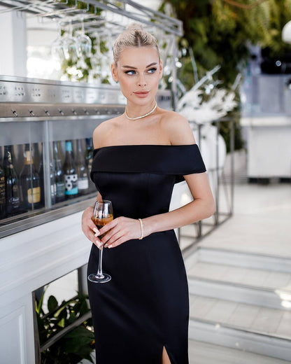 Elegant Women's Off Shoulder Maxi Dress with Side Slit in Black