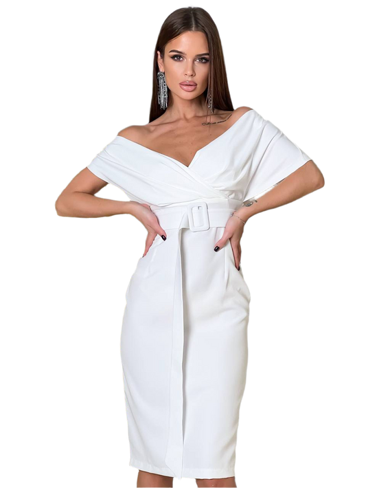 Elegant Off Shoulder Diagonal Crepe White Dress with Belt
