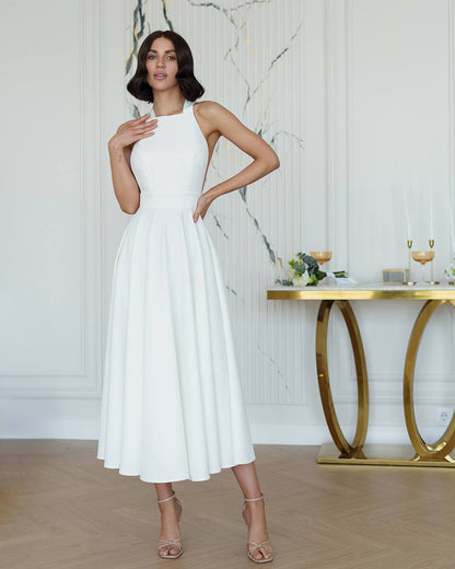 Elegant White Midi Dress for Women Premium Crepe Diagonal Fabric