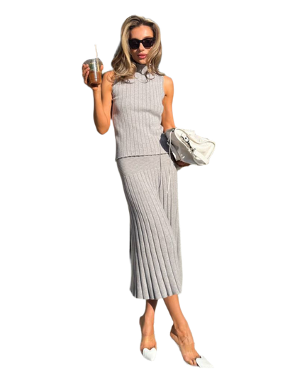 Womens Knitted Sleeveless Top and Pleated Skirt Suit