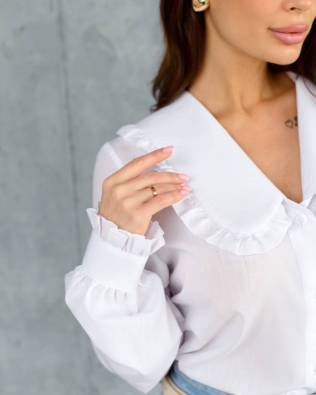 Milky White Premium Cotton Blouse for Women with Ruffled Collar and Cuffs