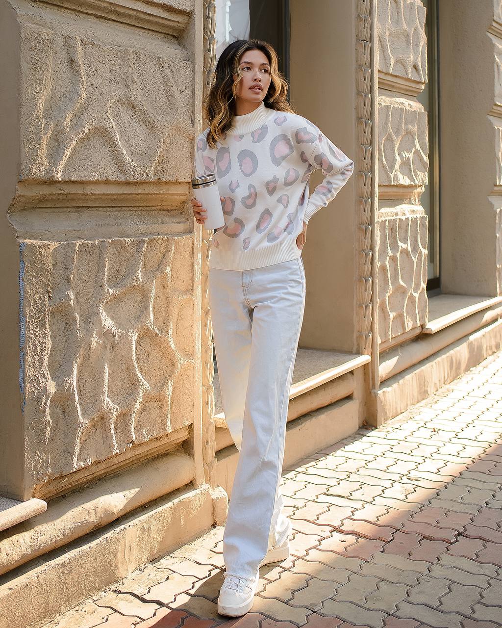 Womens Leopard Pattern Sweater Soft Cotton Acrylic Wool Blend