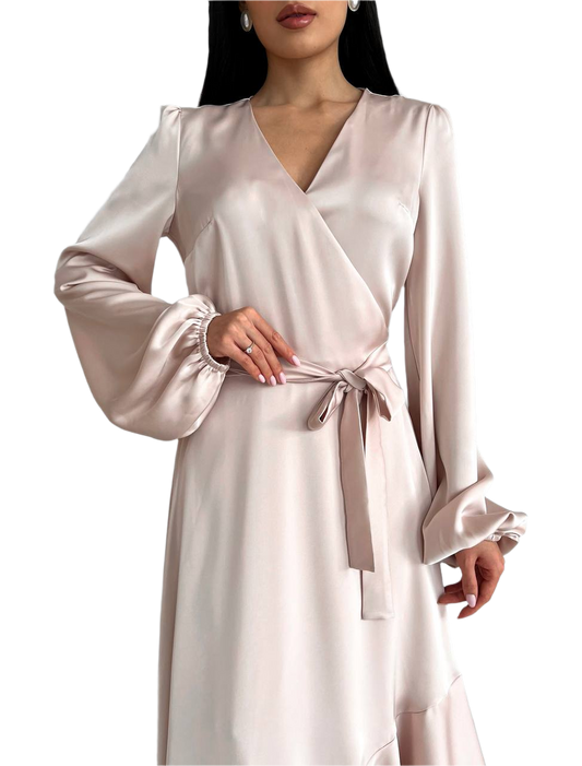 Silky robe with long sleeves and a belt on a white background