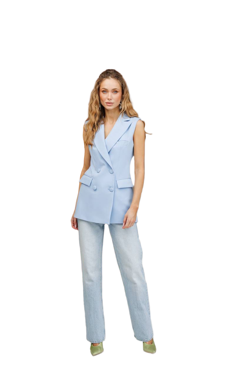 Woman wearing a light blue sleeveless blazer and pants on a white background