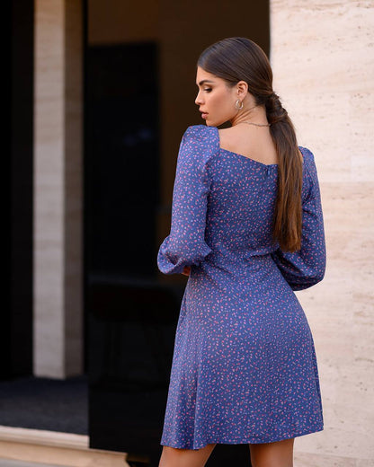 Floral Print Staple Dress with Long Sleeves in Blue
