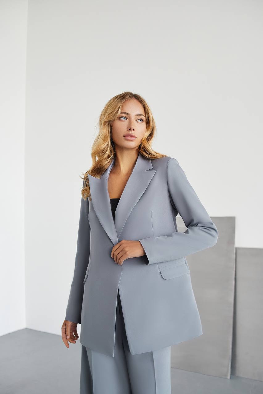 Gray Palazzo Suit Women Diagonal Crepe Tailored Blazer and Wide Leg Trousers