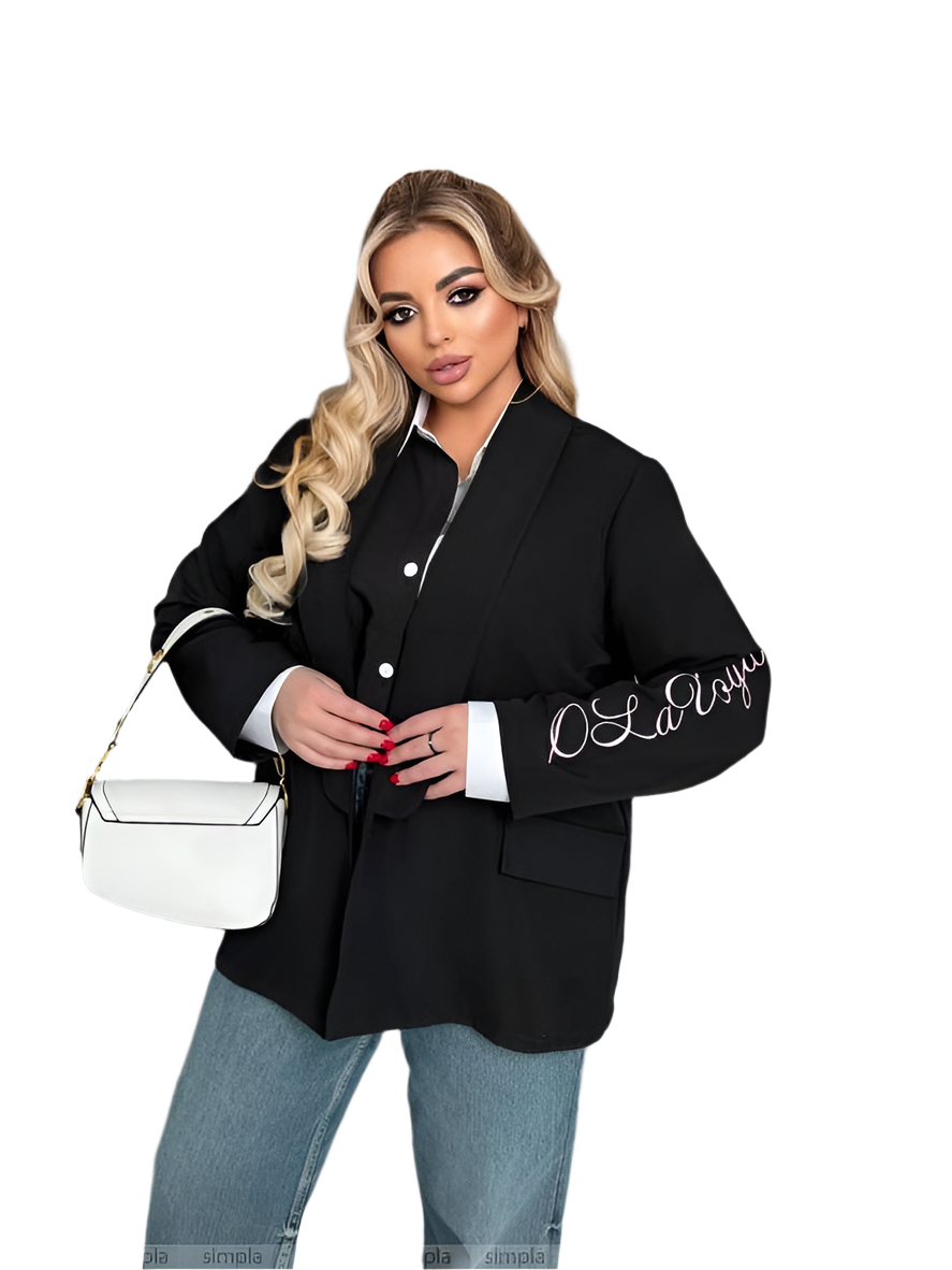 Womens Black Extended Jacket with Sleeve Embroidery