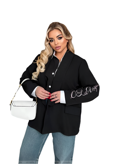 Womens Black Extended Jacket with Sleeve Embroidery