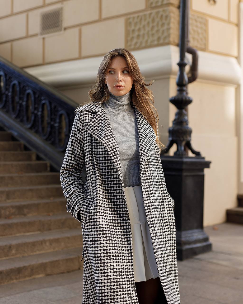Womens Houndstooth Turkish Coat with Belt