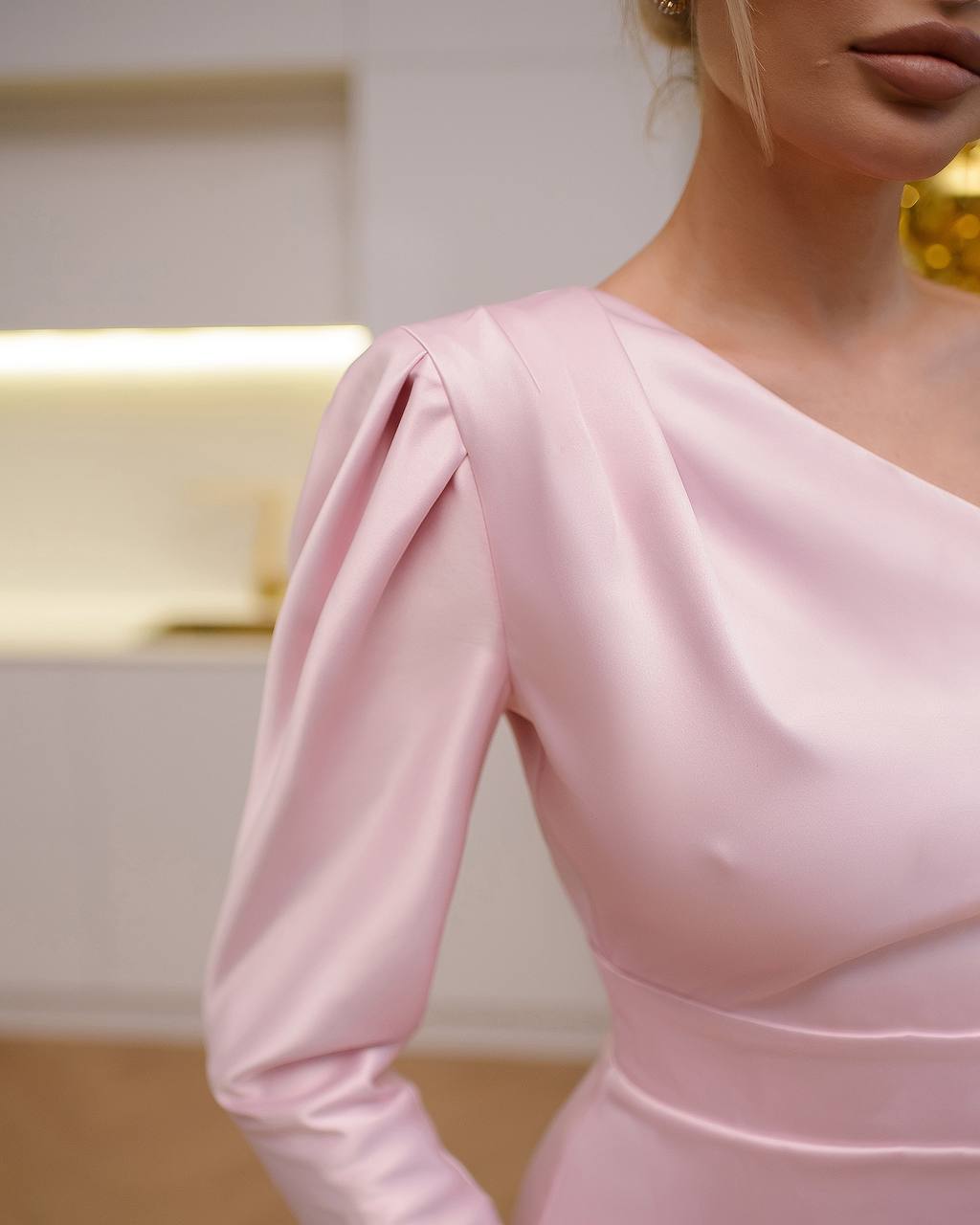 One-Shoulder Midi Dress in Powder Pink Satin