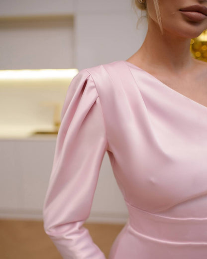 One-Shoulder Midi Dress in Powder Pink Satin