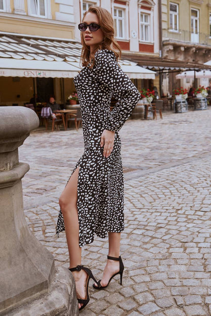 Black and Cream Stain Print Dress with Long Sleeves and Side Slit