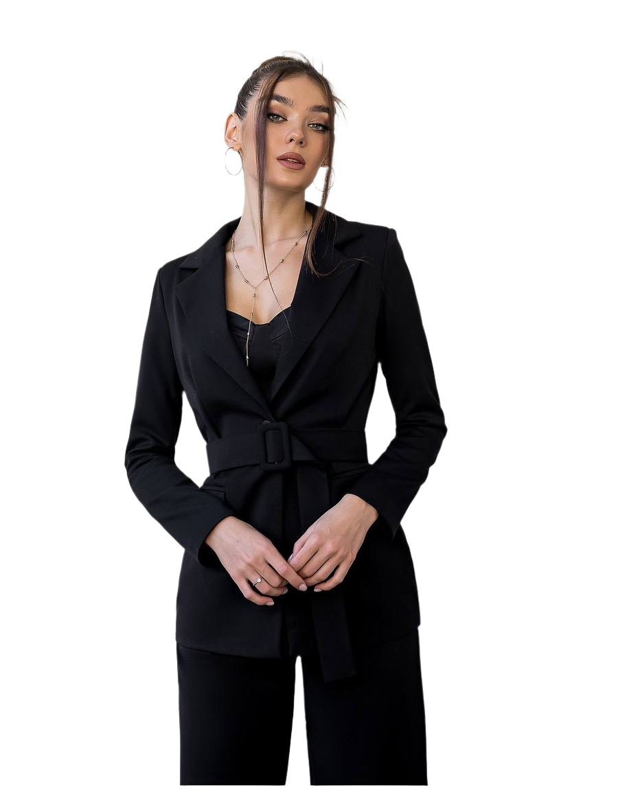 Woman wearing a black suit on a white background