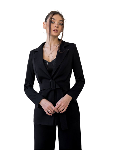 Woman wearing a black suit on a white background