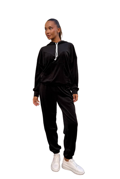 Black Velour Tracksuit Women Hooded Jogger Set with Kangaroo Pocket