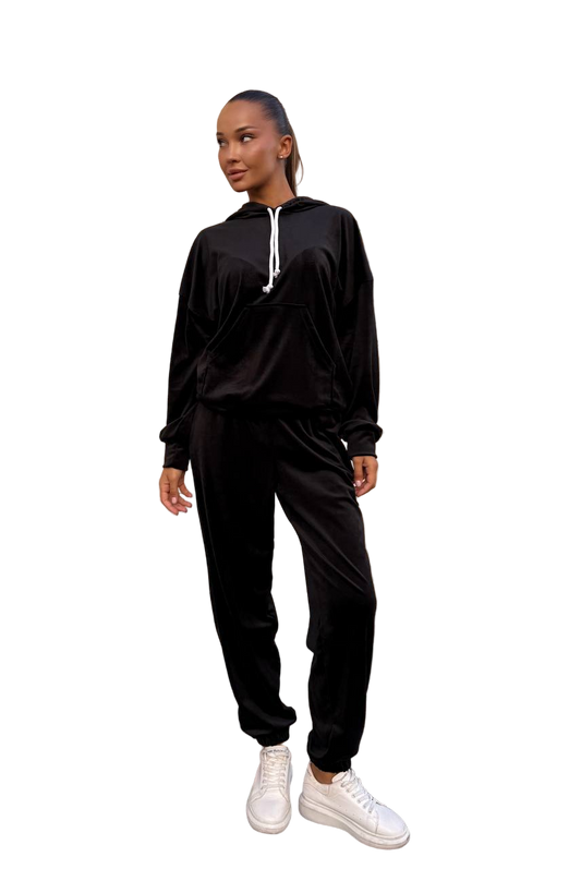Black Velour Tracksuit Women Hooded Jogger Set with Kangaroo Pocket