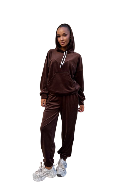 Brown Velour Tracksuit Women Hooded Jogger Set Turkish Velour