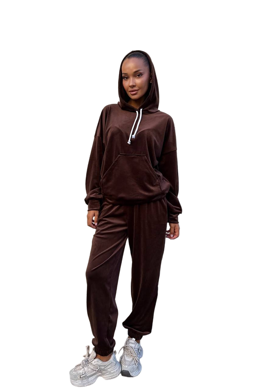 Brown Velour Tracksuit Women Hooded Jogger Set Turkish Velour
