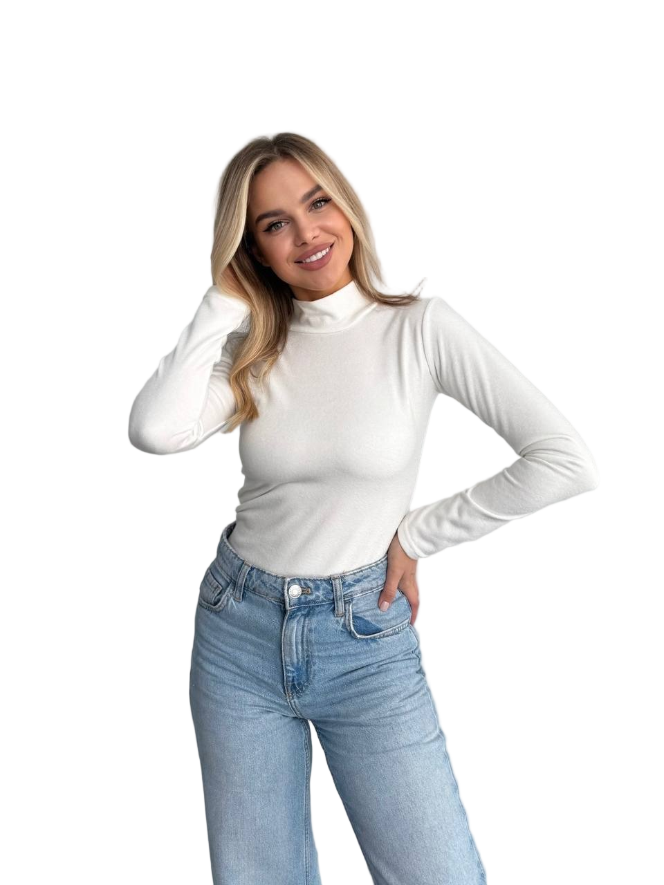 Womens White Jersey Brushed Fleece Turtleneck Top Long Sleeve Stretch