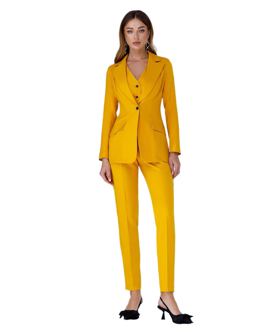 Woman wearing a yellow suit on a white background